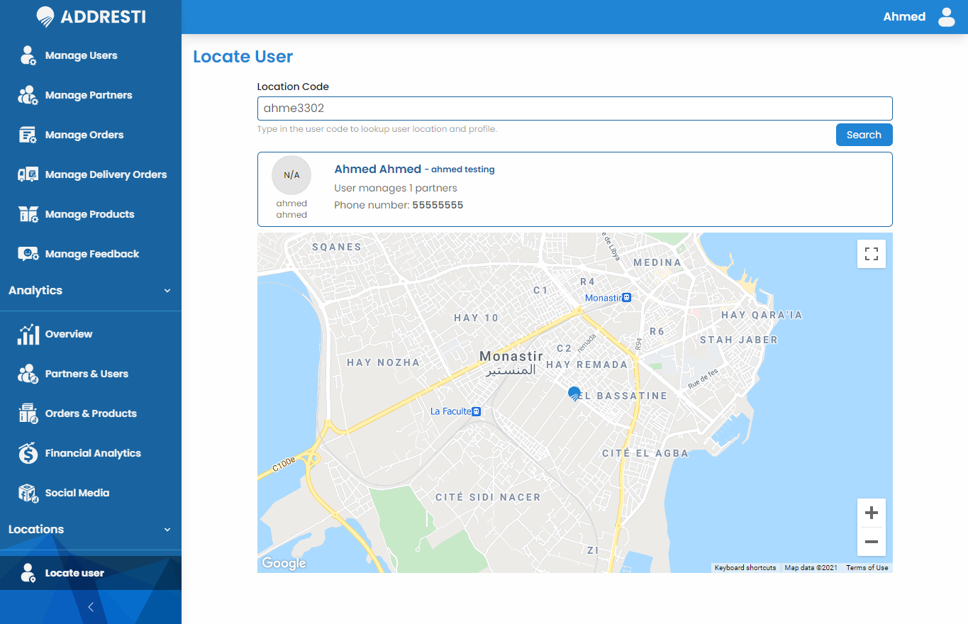 Screenshot of Locate User page